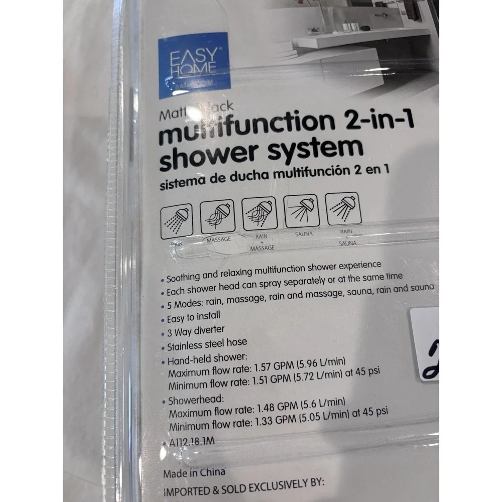 Easy Home Bathroom Matt Black‎ Multifunction Two In One Shower System Brand New